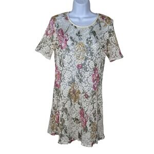 VTG 90s Y2K Lace Mini Dress 10 Cream Sheer Layering Fairycore Coquette Cottage